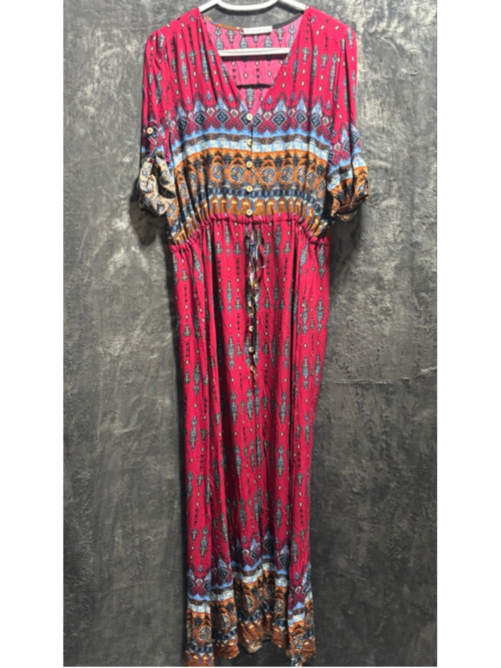 R. Vivimos Boho Aztec Print Button Up Viscose Maxi Dress Red Size Large 12-14